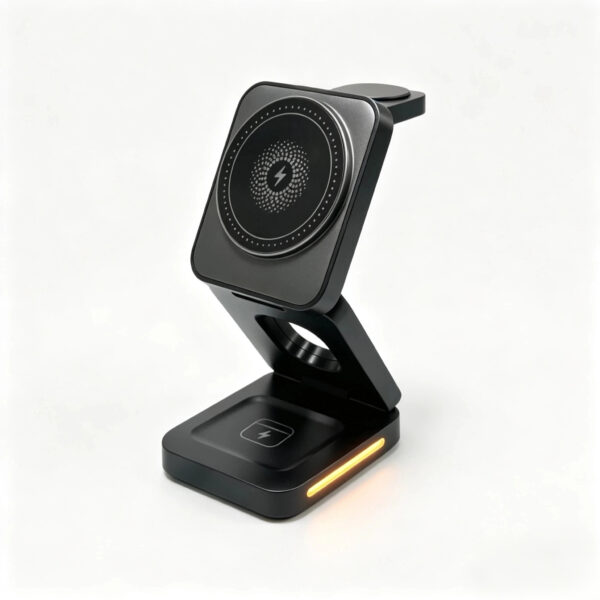SST-WXC2635 foldable 3-in-1 magnetic wireless charger unfolded with LED base