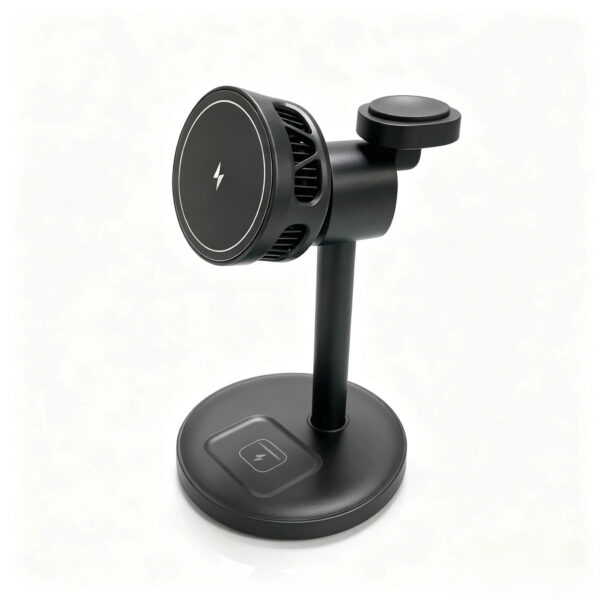 SST-WXC2651 wireless charging stand with phone charging disc, raised watch charging pad and earbuds charging area.