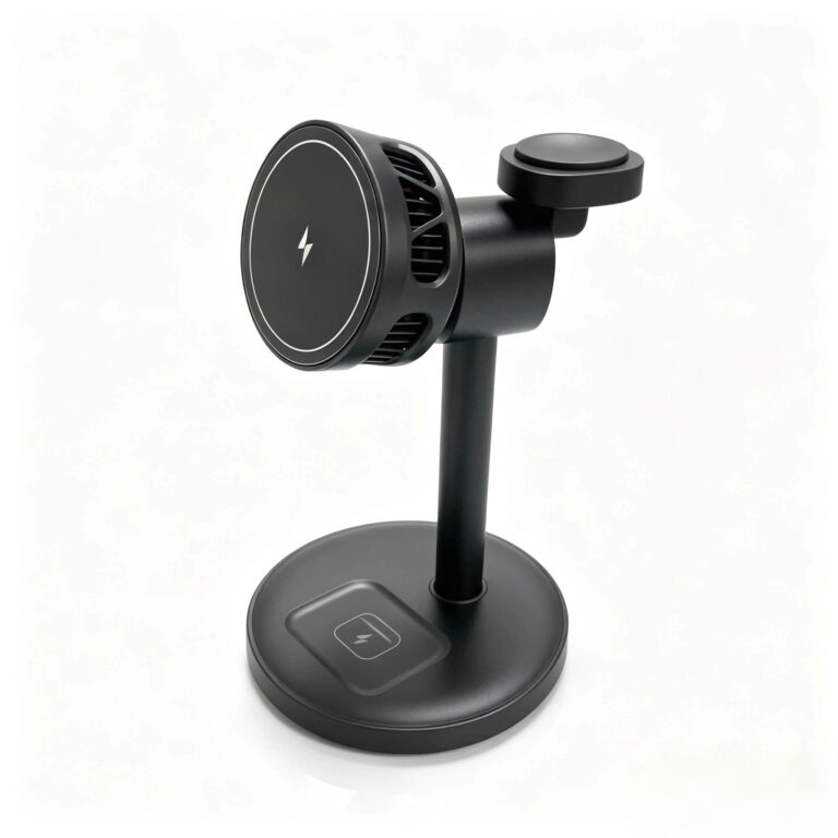 SST-WXC2651 wireless charging stand with phone charging disc, raised watch charging pad and earbuds charging area.
