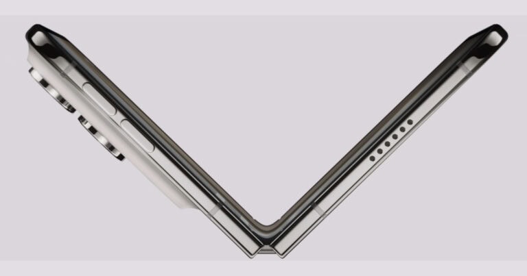 Side profile of Apple iPhone Duo showing its foldable hinge for magnetic wireless charging
