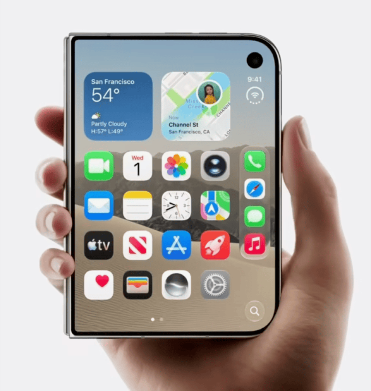 Front view of Apple iPhone Duo in its open foldable configuration