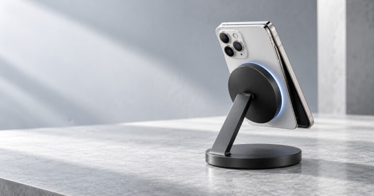 Foldable smartphone aligned on a magnetic Qi2 wireless charging stand in a bright studio